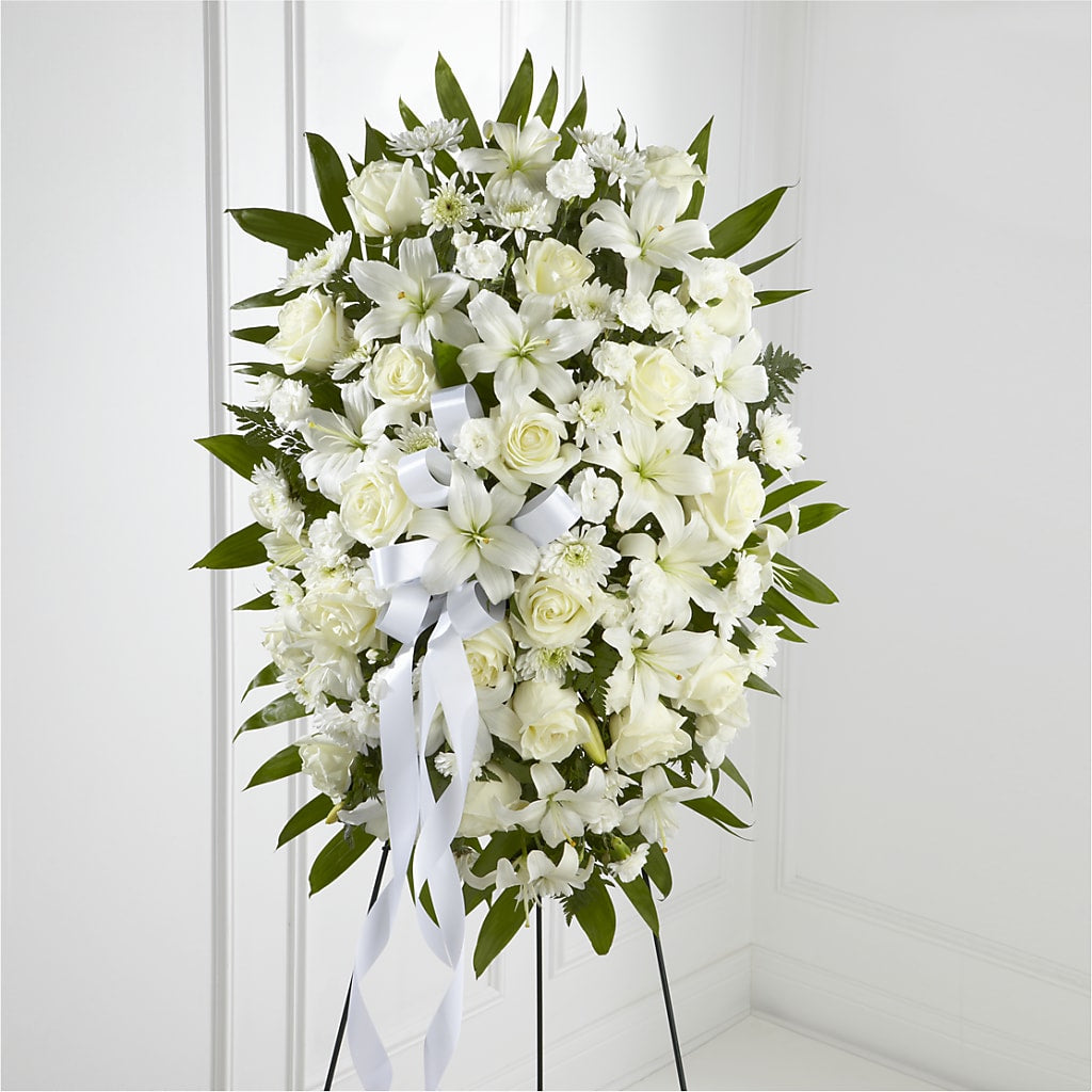 Exquisite Tribute Standing Spray-White Ribbon – Flowersusa.net, Tontitown AR