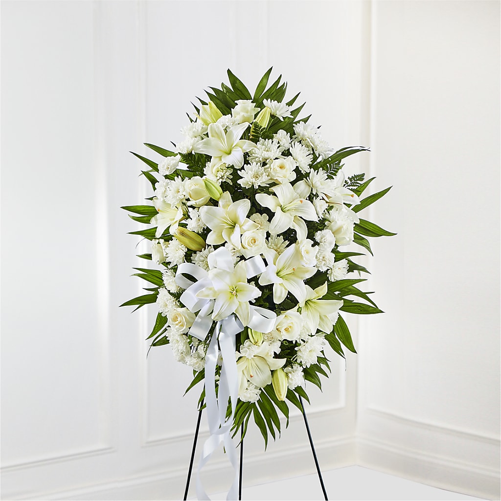 Exquisite Tribute Standing Spray-White Ribbon – Flowersusa.net, Tontitown AR